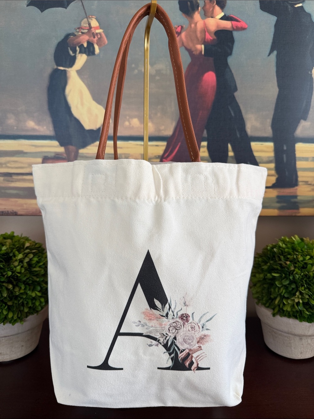 🖤MONOGRAM "A"🖤 FLORAL CREAM CANVAS TOTE BAG 🌟NWT🌟